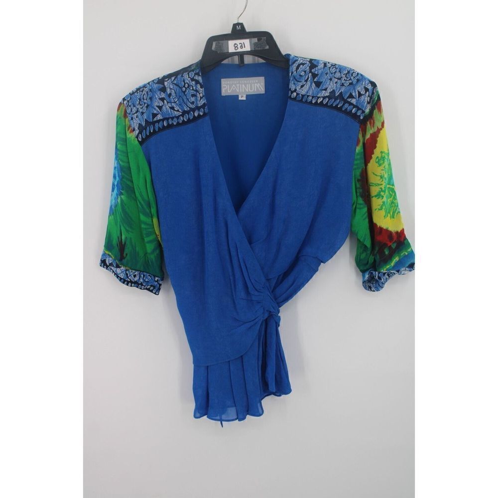 DOROTHY SCHOELEN PLATINUM BRIGHT BOLD WRAP BLOUSE SIZE P RAYON DRY CLEAN SS